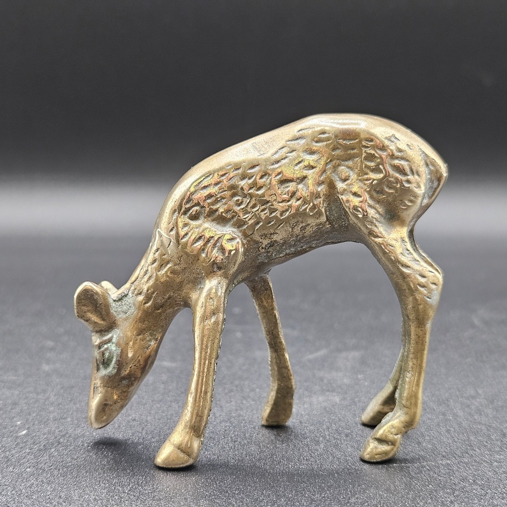 Vintage Solid Brass Grazing Fawn Deer Figurine Mid Century Modern Woodland Decor - Picture 2 of 8